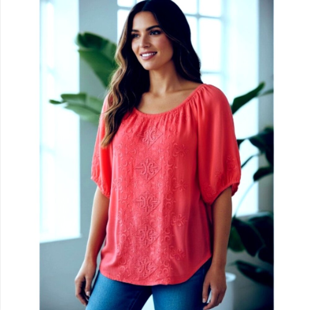 Lucky Brand Peasant Top Embroidered Crochet Lace Sz S Coral‎ Pink #17K